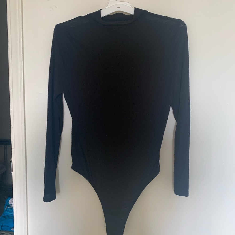Black Jersey High-Neck Long-Sleeve Bodysuit